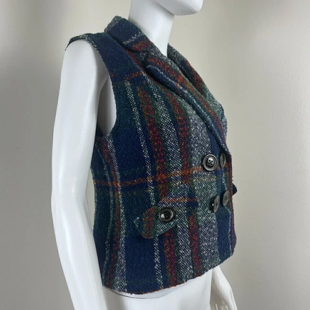 Cabi Size S Wool Plaid Double Breasted Sleeveless Vest Sweater Holiday Party